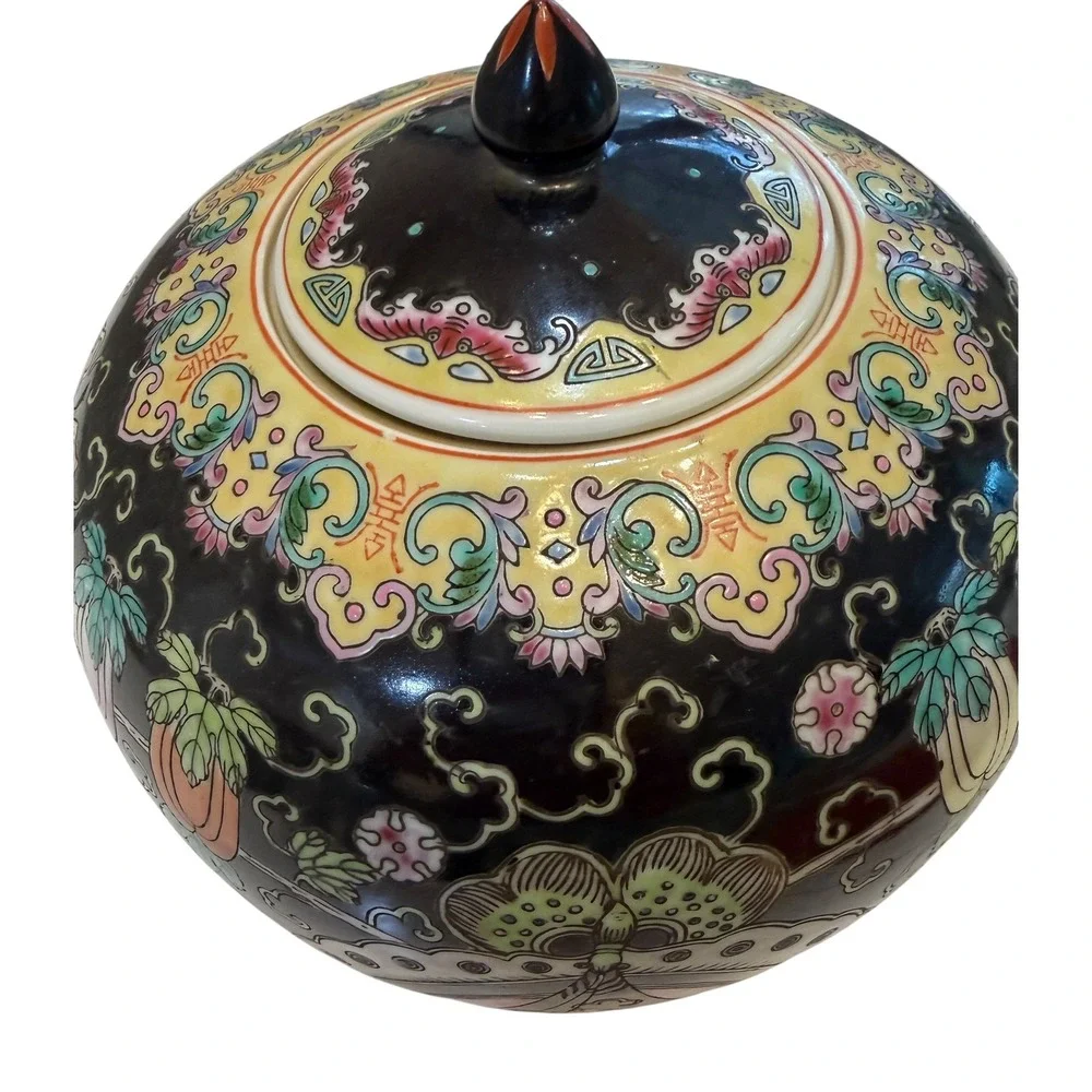 Vintage Black Famille Noire Chinese Porcelain Ginger Jar Celestial Moth 8.5in